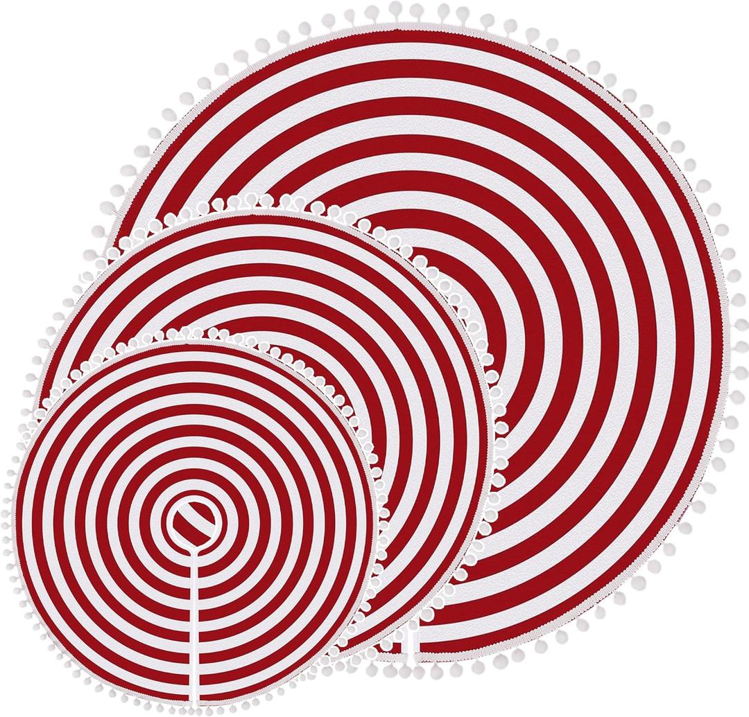 Christmas Tree Skirt, Red White Annual Rings 24 Inch Tree Skirt with Pom Pom Trim for Holiday Party Xmas Natural Rustic Tree Skirt for Holiday Home Decor