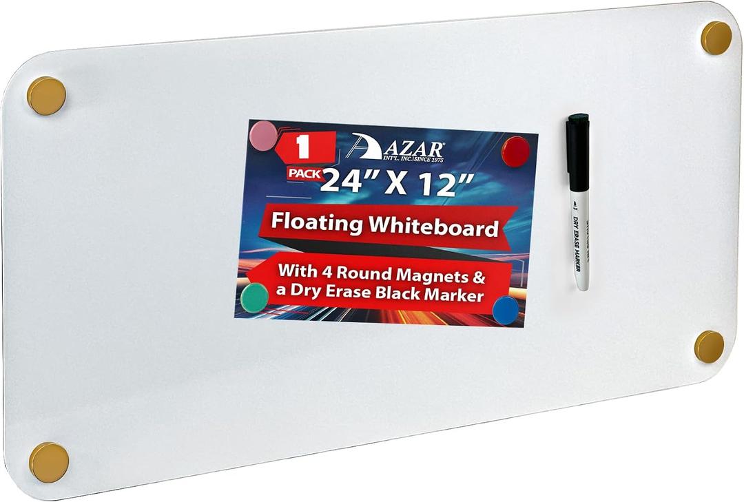Azar Displays Floating 900962-GLD Whiteboard 12" x 24" – Modern Frameless Wall-Mounted Dry Erase Board with Standoff Caps, 4 Assorted Magnets & Marker – Sleek Acrylic Design, Gold