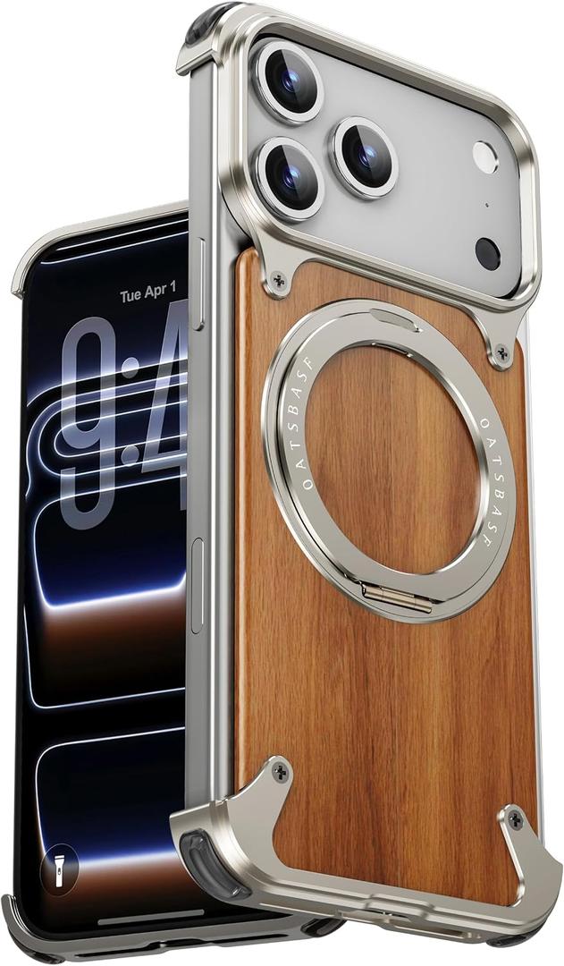 OATSBASF Frameless for iPhone 17 Pro Max Case, Sleek Minimalist Protective Shock Absorption Aerospace Grade Shells with 360° Rotating Kickstand, Wood Grain-Natural Titanium