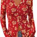 BTFBM Button Down Shirts for Women 2026 Spring Boho Tops V Neck Long Sleeve Blouses Ruched Mesh Fitted Fashion Clothing, size XXL