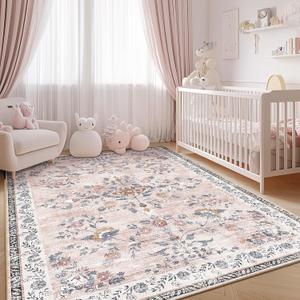 Area Rug 3x5, Vintage Floral Distress Print Pattern, Washable Non-Slip Low-Pile Indoor Carpet for Bedroom, Living Room, Dining Room & Entryway, Pink Purple