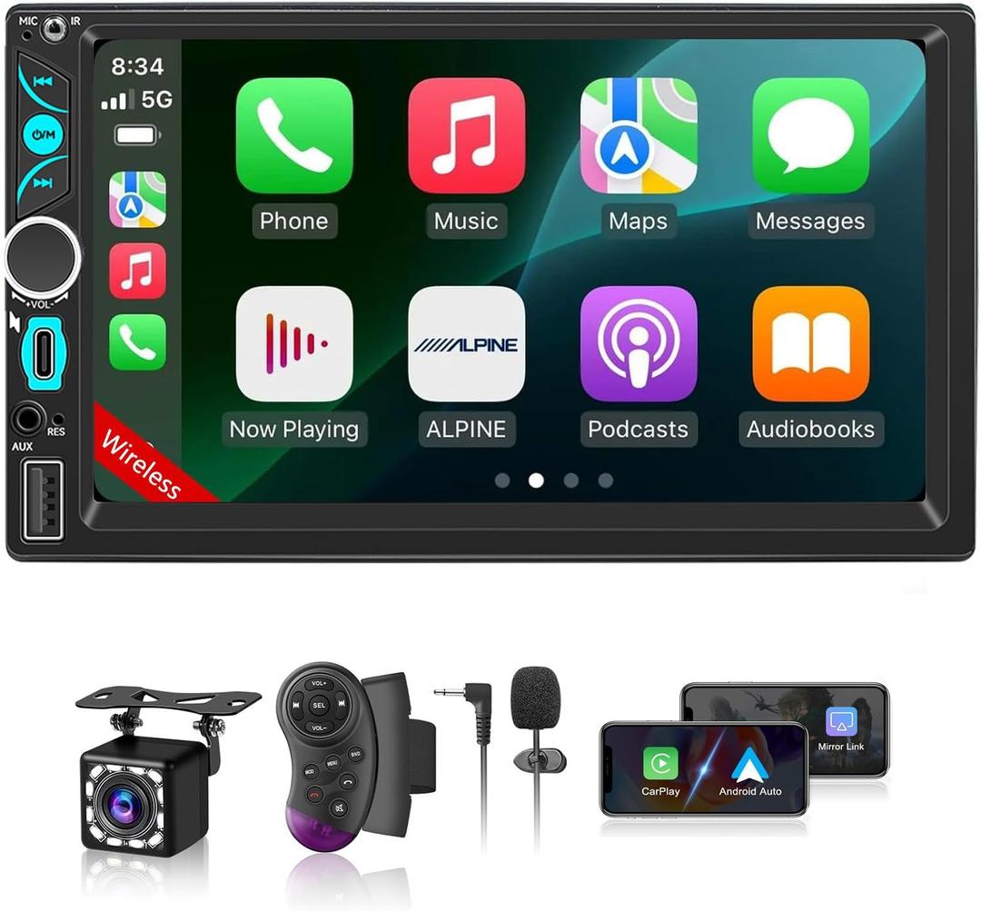 Wireless Double Din Car Stereo Apple Carplay Radio Screen for Car Audio Receivers, Bluetooth Car Play Android Auto 7" Touchscreen, Car Radio Support Bluetooth, SWC, Mirror Link, FM/AM, Type-C