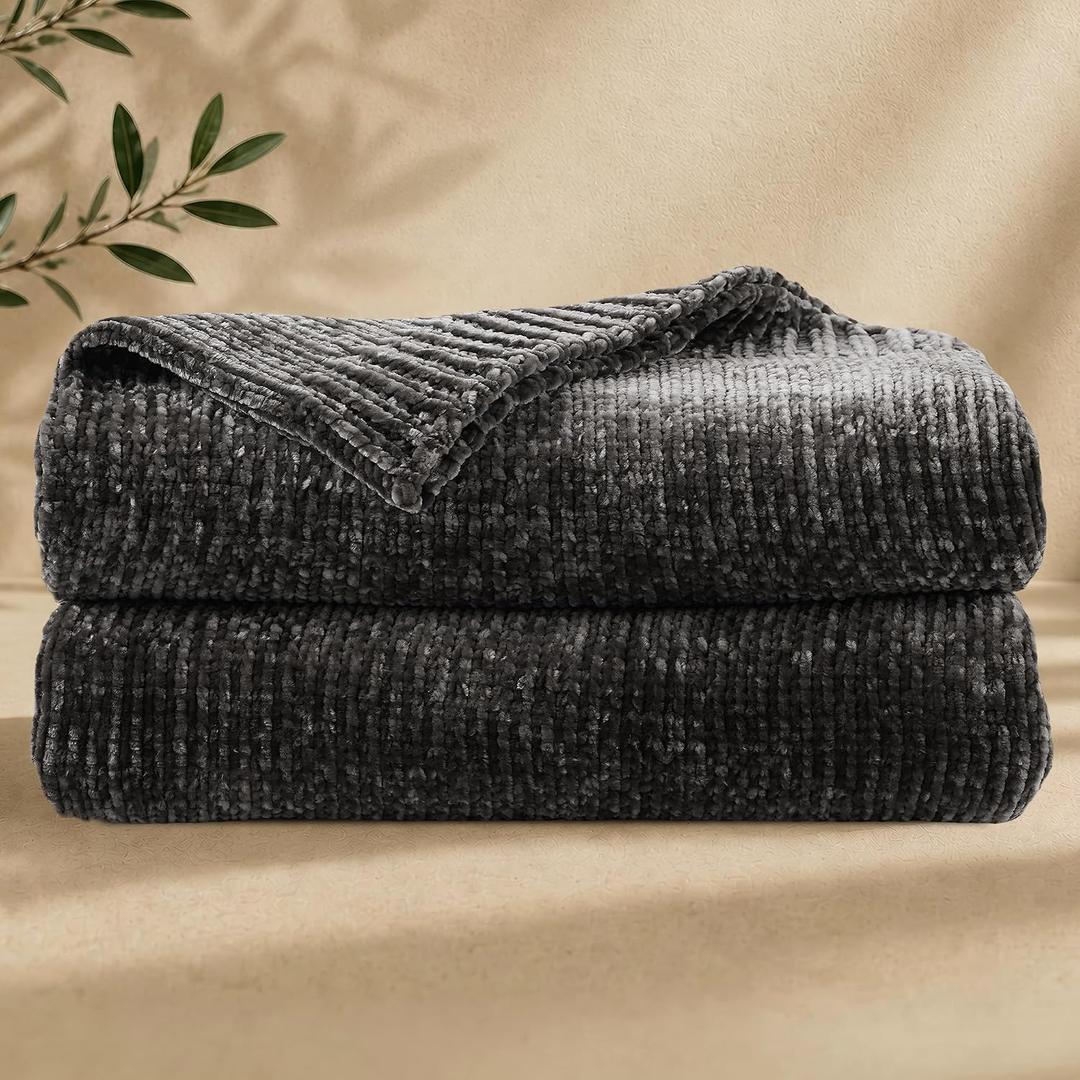 Chenille Throw Blanket for Couch, Cozy Soft Blanket Lightweight Decorative Throw for Living Room Sofa Chair, Stylish Home Decor, Ideal for Gifting, Dark Grey 50"x60"
