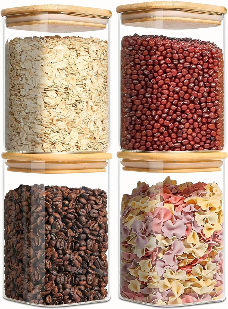 VIEWELLD 1.2 Qt Square Glass Storage Containers with Lids, glass jar with airtight lid, Glass Canister for Pantry Cookie Cereal Rice Sugar Tea Coffee Beans Spice, Square Set of 4