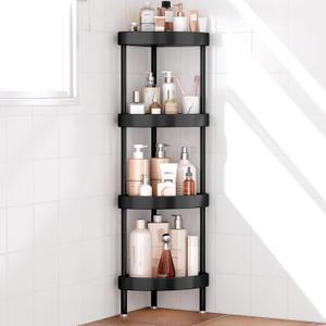 Nieifi Corner Shower Caddy Stand-4 Tier Rustproof Anodized Aluminum Standing Shower Organizer-Shower Caddy Corner-Dual Stability to Anti-Shaking-Height-Adjustable Legs for Uneven Surfaces-Black