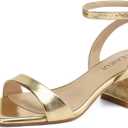 TEAIEUI Women's Heeled Sandals Strappy Low Block Heels Chunky for Women Comfortable Ankle Strap Open Toe Party Wedding Dress Shoes for Women Dressy Gold 11