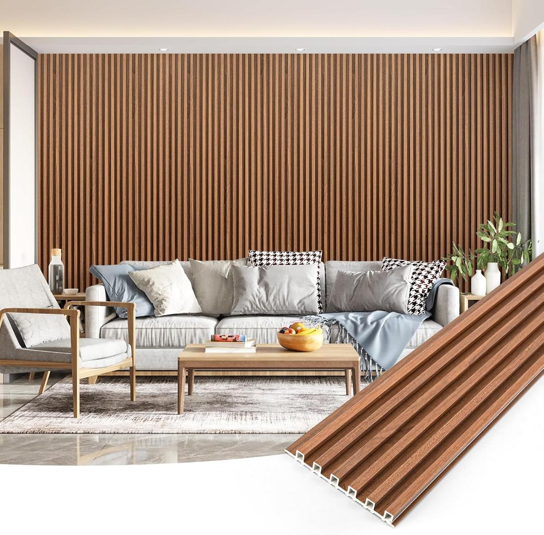 Art3dwallpanels Wood Slat Wall Paneling, 104'' x 6.7'' WPC Soundproof 3D Wall Panels for Interior Wall Decor, 8 Pack Fluted Textured Panel Wall Slats, Teak