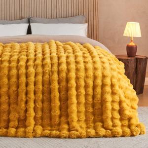 Lotus Karen Faux Fur Throw Blanket Ginger Yellow - Big Bubble Rabbit Fluff Blanket for Couch Bed Sofa,Softest Fluffy Fuzzy Cozy Blanket,Thick Furry Plush Shaggy Warm Blankets for Women,108x90 Inches