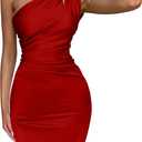 Memoriesea Women's Sexy One Shoulder Sleeveless Ruched Bodycon Party Club Mini Dress (Red) S
