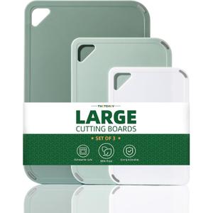 THETCHRY Plastic Cutting Board Set of 3-Cutting Boards for Kitchen BPA Free, Large-Small Chopping Boards Non-Slip for Cooking Camping Dishwasher Safe, Reversible, with Grip Handle, 15"10"0.25" Green