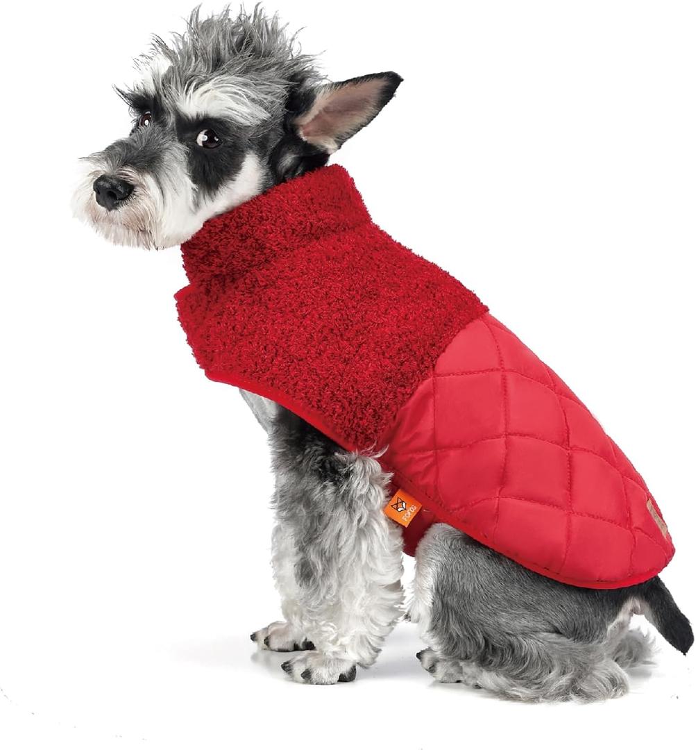 FOFOS Dog Winter Coat, Plush Dog Jacket with Leash Hole, Adjustable Warm Pet Snow Vest for Small Medium Dogs, Red, XS