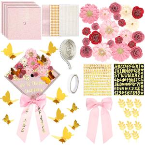 Wavwavw 61 Pcs DIY Graduation Cap Decorations Kit, 2026 Grad Cap Decor Included Bow Paper Flowers 3D Butterfly Pearl Letters Stickers Glitter Construction Paper for DIY Grad Hat Topper(Pink)