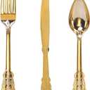 WDF 300 Pieces Gold Plastic Silverware Disposable - Heavy Duty Plastic Cutlery - Gold Silverware Sets Includes 100 Forks, 100 Spoons, 100 Knives (Gold - Baroque)