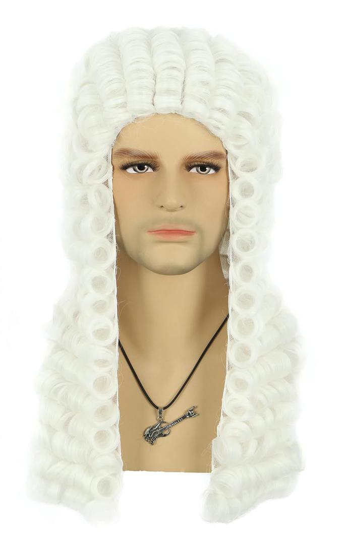 VGbeaty Judge Lawyer Barrister Colonial Long Curly White Wig 18th Century Men Halloween Costume Cosplay Wig