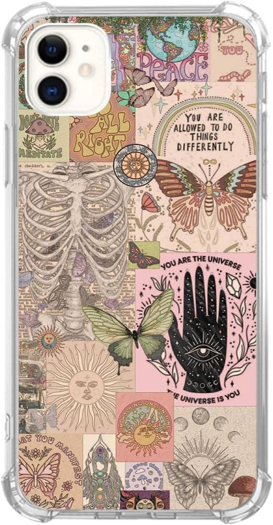 Hippie Vintage Aesthetic Collage Phone Case Compatible with iPhone 11Hippie Sun Butterfly Flower Pattern Slim Shockproof TPU Bumper Protective Cover Case for iPhone 11