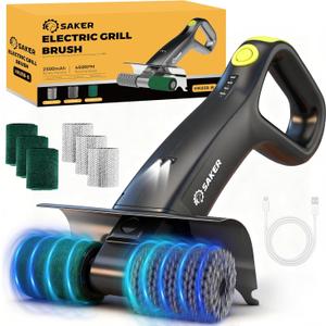 Saker Electric Grill Brush for Outdoor Grill, Bristle-Free Automatic Grill Cleaning Brush with 450 RPM & LED Light, Grill Rescue BBQ Brush Set with 3 Interchangeable Heads (Stainless Steel Roller Brush)