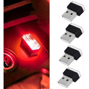 4 PCS USB LED Car Interior Atmosphere Lamp, Portable Mini Auto LED Decor Night Light, Plug-in USB Interface Ambient Lighting Kit, Universal Car Interior Accessories(Red)