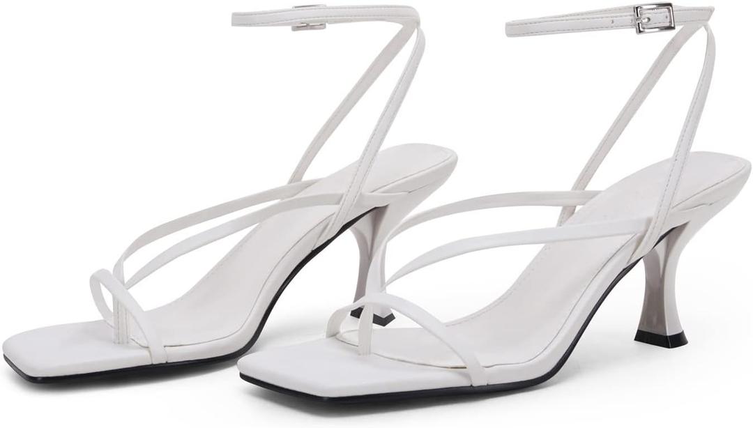 PiePieBuy Women's Lace Up Heeled Sandals Square Flip Flop High Heels Strappy Party Shoes (8.5, White)