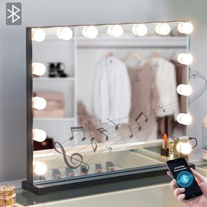 Hansong Bluetooth Black Vanity Makeup Mirror with Lights, Hollywood Mirror with 3 Color Lighting Modes 15 Dimmable LED Bulbs Large Vanity Mirror for Bedroom