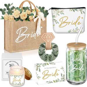 Hushee 6 Pcs Bride Gifts Set for Bachelorette Party, Bridal Shower Gifts Wedding Engagement Gift Newly Engaged Gifts for Bride to Be, Handbags, Cosmetic Bags, Tumbler, Candle, Card, Hair Scrunchies
