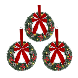 Hausse Set of 3 Christmas Wreaths, Lighted Artificial Christmas Wreath with Large Red Bow & Ornaments, Battery Operated with LED Lights, for Front Door Gate Wall Christmas Party Decorations