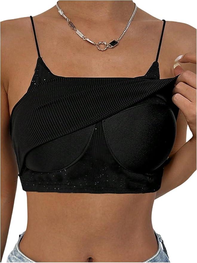 OYOANGLE Women's Sparkly Sequin Crop Cami Top Spaghetti Strap Padded Tops Ring Linked Cutout Camisole, L