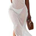 Pink Queen Women Swimsuit Cover Up Hollow Out Sleeveless Beach Maxi Dress Side Split Knit Bathing Suit Cover Up for Women (Medium, White)