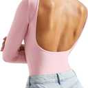SUUKSESS Women Backless Y2k Long Sleeve Bodysuit Double Lined Open Back Sexy Basic Top (Small, Blush)