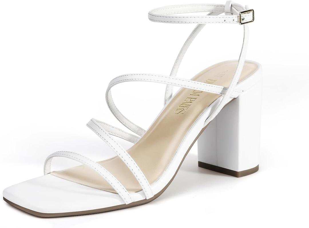 DREAM PAIRS Women's Heels Chunky Block Strappy Square Open Toe Ankle Buckle Heeled Sandals Wedding Party Dress Shoes Indie (7, White)