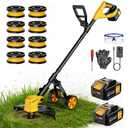 Cordless String Trimmer with Wheels, 2x3.0Ah 21V Battery Powered Weed Eater, 14-Inch Electric Lawn Mower Weed Wacker, Brush Cutter Grass Trimmer for Garden Yard