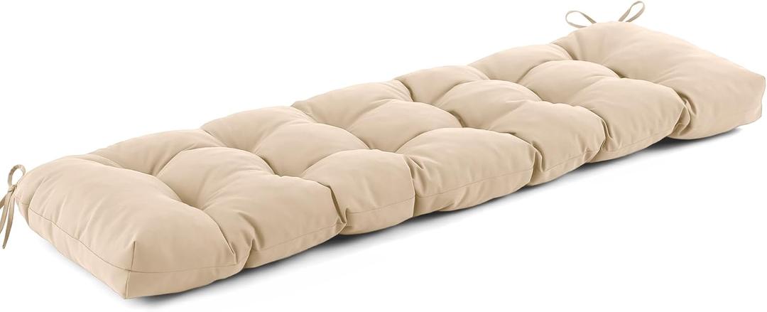 IASEAHK Outdoor Bench Cushion 59x18x5 Inch, Waterproof & Fade-Resistant Patio Furniture Cushions, Tufted Memory Foam Indoor/Outdoor Cushions for Couch Porch Swing with Non-Slip Backing & Straps, Beige
