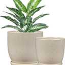 Ceramic Plant Pots 6 Inch + 5 Inch Set of 2, Flower Plants Pot with Drainage Holes and Saucers Tray White Planter Garden Pot for Succulent Cactus Home Decoration Gift Indoor Outdoor