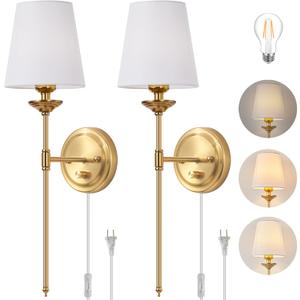 Dimmable Plug in Wall Sconces Set of 2, Gold Bedside Wall Lamp with Knob Dimmer Switch and 6.5FT Electric Cord, Mid Century Modern Bathroom Wall Light Fixture for Bedroom Living Room