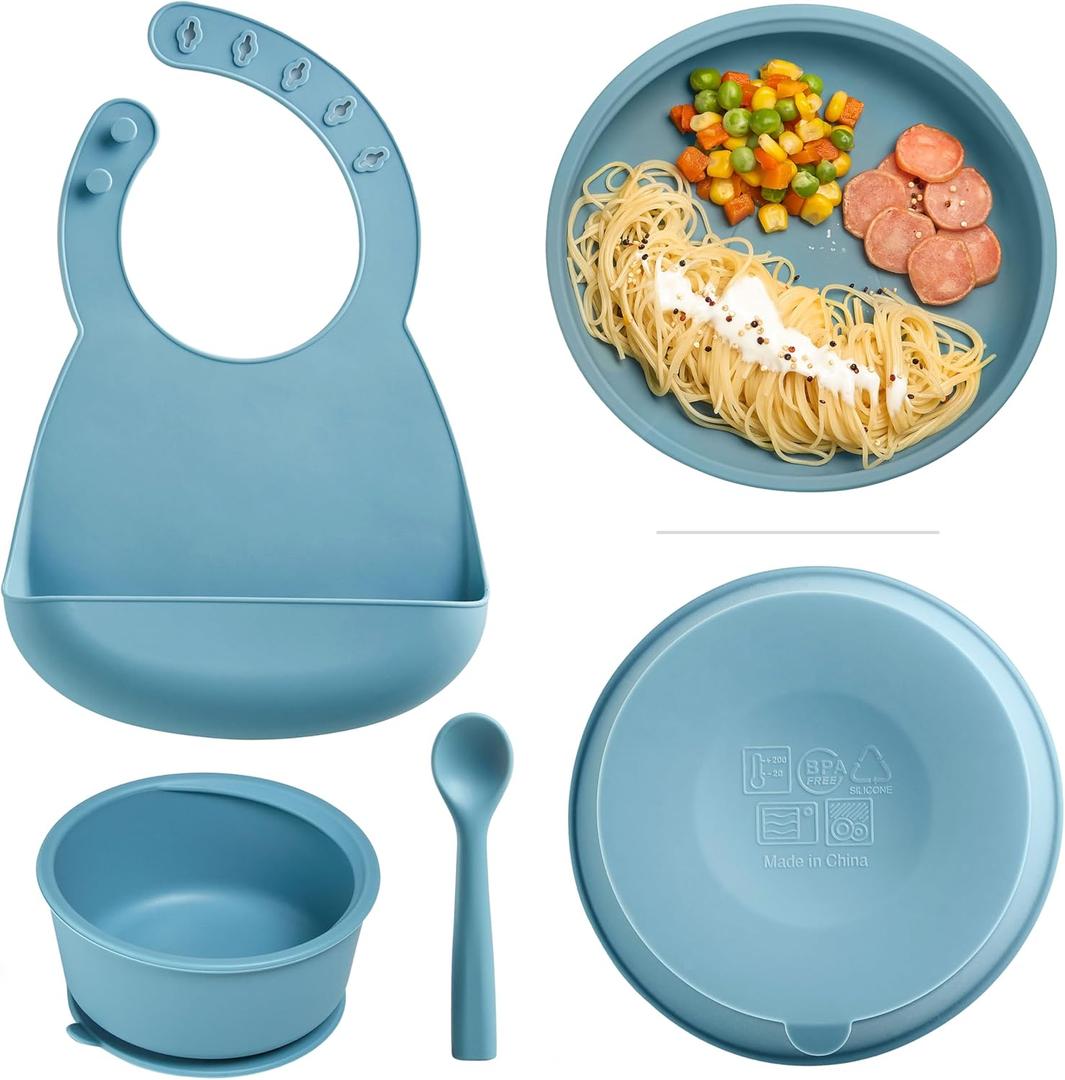 Silicone Baby Feeding Set, Self Feeding Baby Utensils with Suction Baby Bowl Plate Blue, 4 Pcs