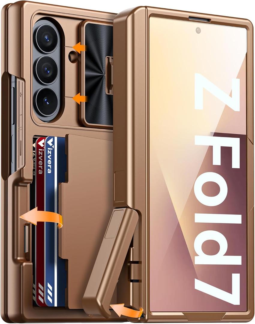 Vizvera for Samsung Galaxy Z Fold 7 Case RFID Wallet with Cards Holder[Kickstand][Camera Cover] Shockproof Silicone Protective Phone Case for Z Fold 7 2025-Desert Gold