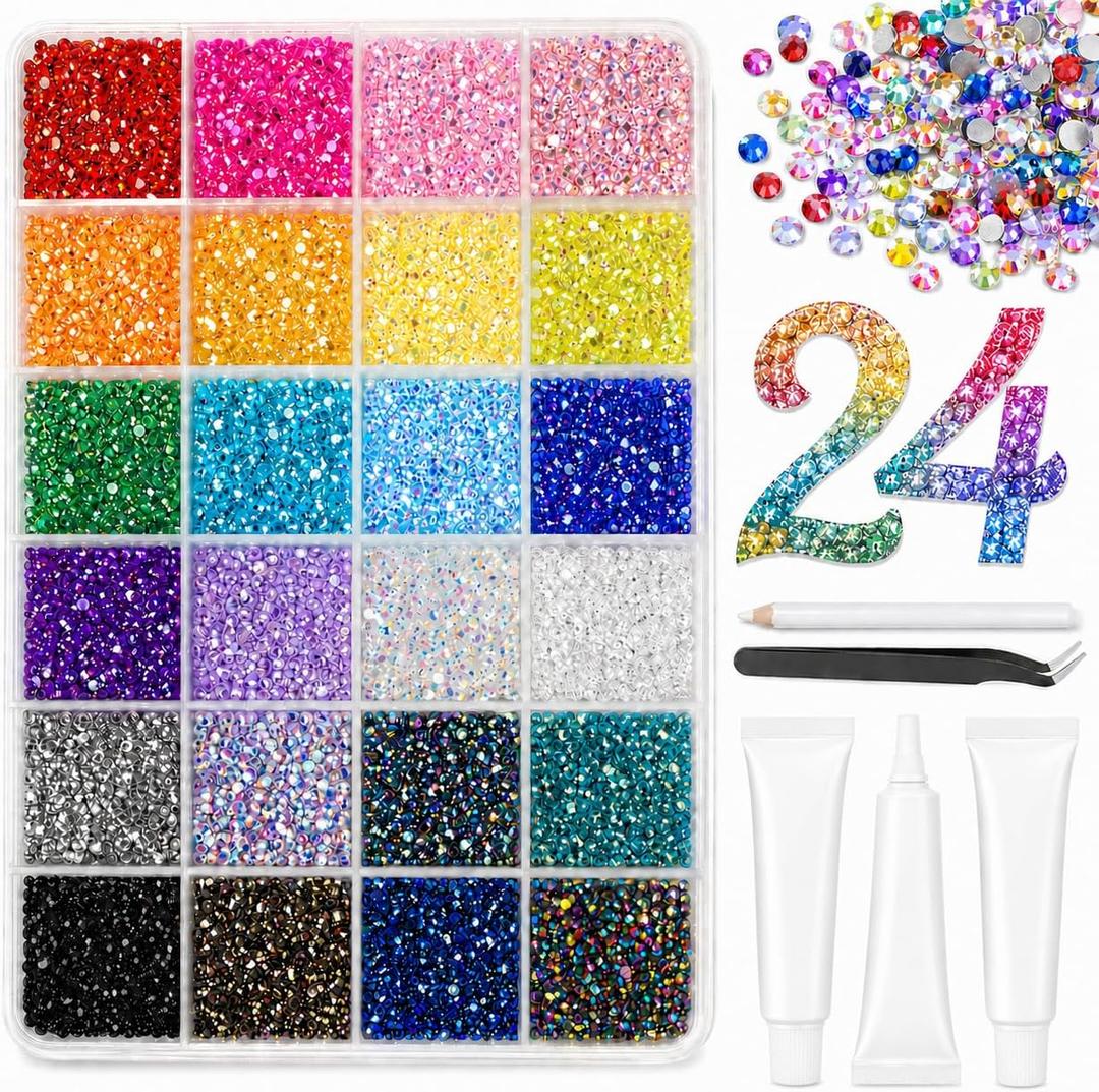 32000Pcs 24 Colors Jelly Rhinestones for Bedazzling,Mix Colors Bedazzling Kit with Rhinestones,3MM SS10 Colorful Resin Flatback Gems with Nail Glues for Crafting, Nail Art, Shoes, Books