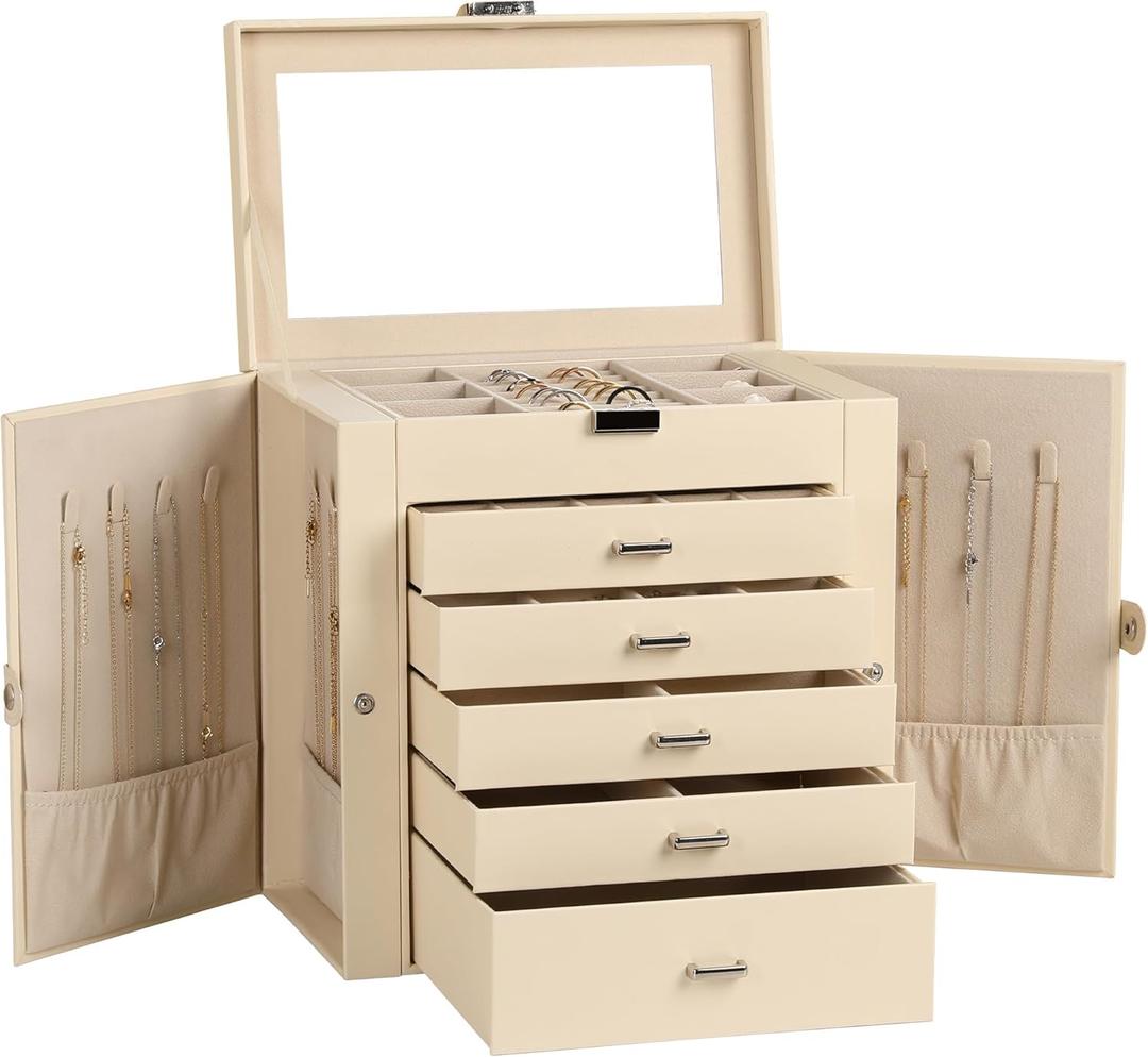 Frebeauty Large Jewelry Box,6-Tier PU Leather Jewelry Organizer,Multi-functional Storage Case with Mirror,Accessories Holder with 5 Drawers for Necklace Bracelets Watches(Beige)