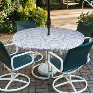 Round Outdoor Tablecloth with Umbrella Hole-Waterproof Fitted Table Cover with Elastic Zippered Wipeable Tablecloth, Fits 36"-44" Diameter for Picnic, Patio, Garden(Mandara)