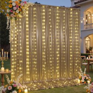 10x10 ft Champagne Sequin Backdrop Curtain with Lights for Parties, Wrinkle Free Glitter Photo Backdrop Drapes Shimmer Back Drop Cloth for Wedding Birthday Photography Background (5ftx10ft(2 Panels))