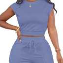 LovelyWholesale Short Sets for Women 2 Piece Summer Sets Cap Sleeve Crop Tops and Shorts Tracksuits Sets, XL, Blue 