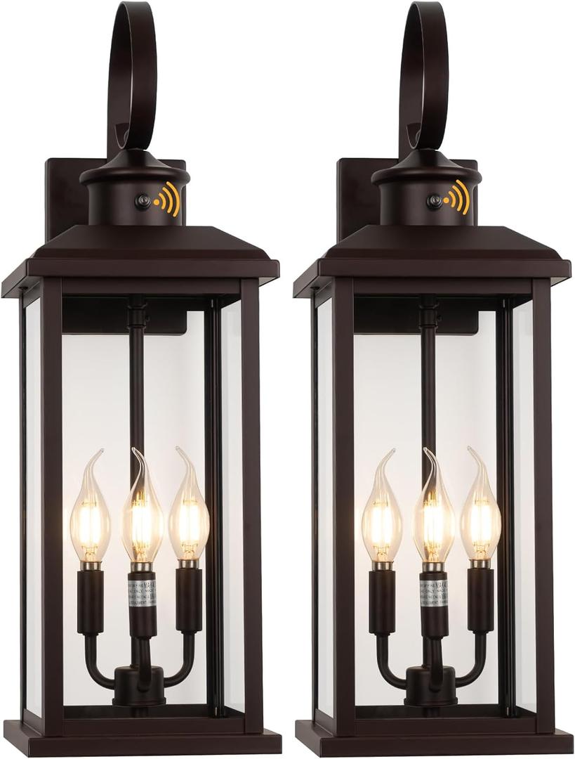 2Pack Dusk to Dawn Outdoor Wall Light Fixture, 24in Bronze Large 3-Light Modern Porch Lantern, Waterproof Exterior Lighting Sconce Wall Mount, Outside Lamp for House Garage Patio E12 Base