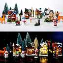 Gerrii 31 Pcs Christmas Village Figurines Decoration Set Lighted LED Christmas Village Houses with Figurines Snow Blanket Roll for Xmas Town Scene Desk Battery Operated Landscape Decor(Santa)