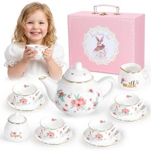 Porcelain Tea Set for Girls, Tea Party Set for Little Girls, Kids Tea Set Kitchen Pretend Play, Princess Tea Time Playset with Ceramic Teapot Cups Carry Case, Toddler Girl Toys Birthday Gifts Age 3+