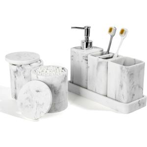 YMXYJM Bathroom Accessories Set, 6 Piece Bathroom Set with Toothbrush Holders, Soap Dispenser, Vanity Tray, Tumbler, Cotton Swab Jars, Bathroom OrganizerBathroom Sink Sets, Artificial Marble White