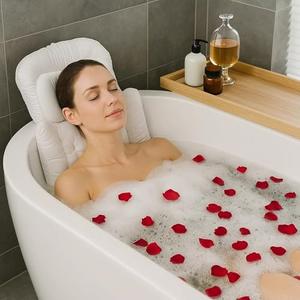 Bath Pillow for Tub | 4D Air Mesh Fabric - Plush Bathtub Pillow for Neck & Back Support, Hot Tub Pillow with 6 Non-Slip Suction Cups | Spa Pillow for Relaxation and Comfort (White). (Full Body White)