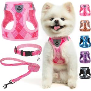 SCENEREAL Small Dog Harness and Leash Collar Set, Step in No Pull Soft Mesh Dog Harnesses for Dogs Puppy and Cats Outdoor Walking, No Chock Reflective Vest Harness, Pink Plaid XS (XS: Chest Girth: 13"-14.5")