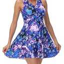Kate Kasin Women's Two Piece Swimdress Bathing Suits Tummy Control Back Cross Flowy Swimsuits with Boyshorts Swimwear Blue Floral, XL