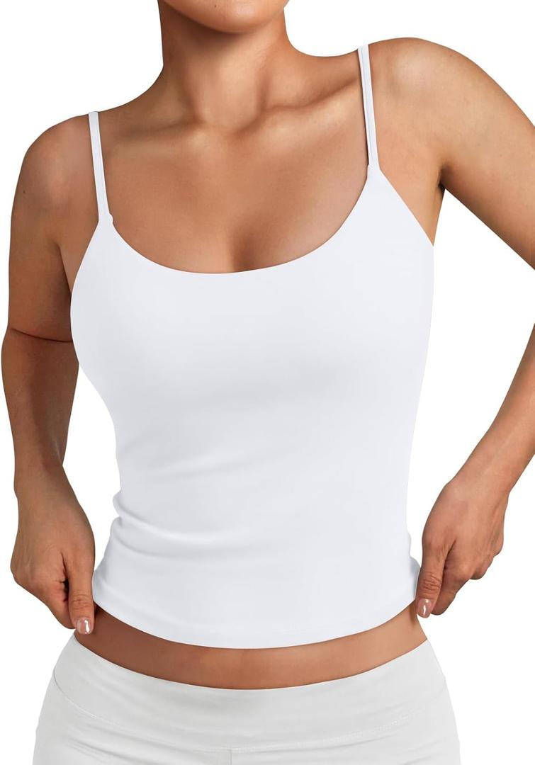 Trendy Queen Double Lined Adjustable Spaghetti Strap Tank Top for Women Cute Summer Basic Crop Top for Teen Workout Going Out (White, L)