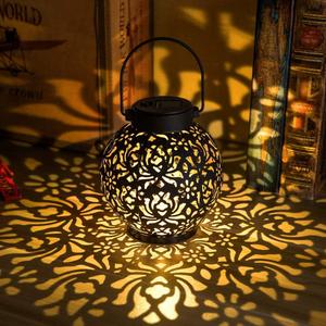EXCMARK 2 Pack Outdoor Solar Hanging Lantern Lights Metal LED Decorative Lamp for Garden Patio Courtyard Lawn and Table with Hollowed-Out Design (Black)