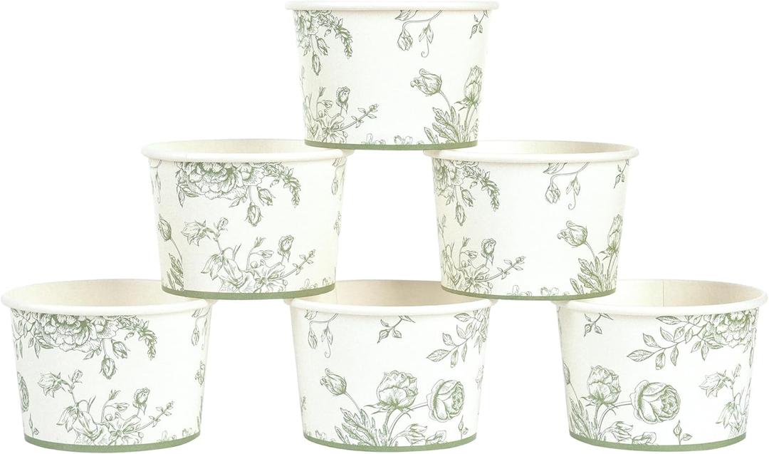 50Pcs Floral Treat Snack Cups Sage Green Flowers Ice Cream Cups 9oz Disposable Green and White Chinoiserie Dessert Bowls for Sundae Frozen Yogurt Soup Birthday Party Supplies